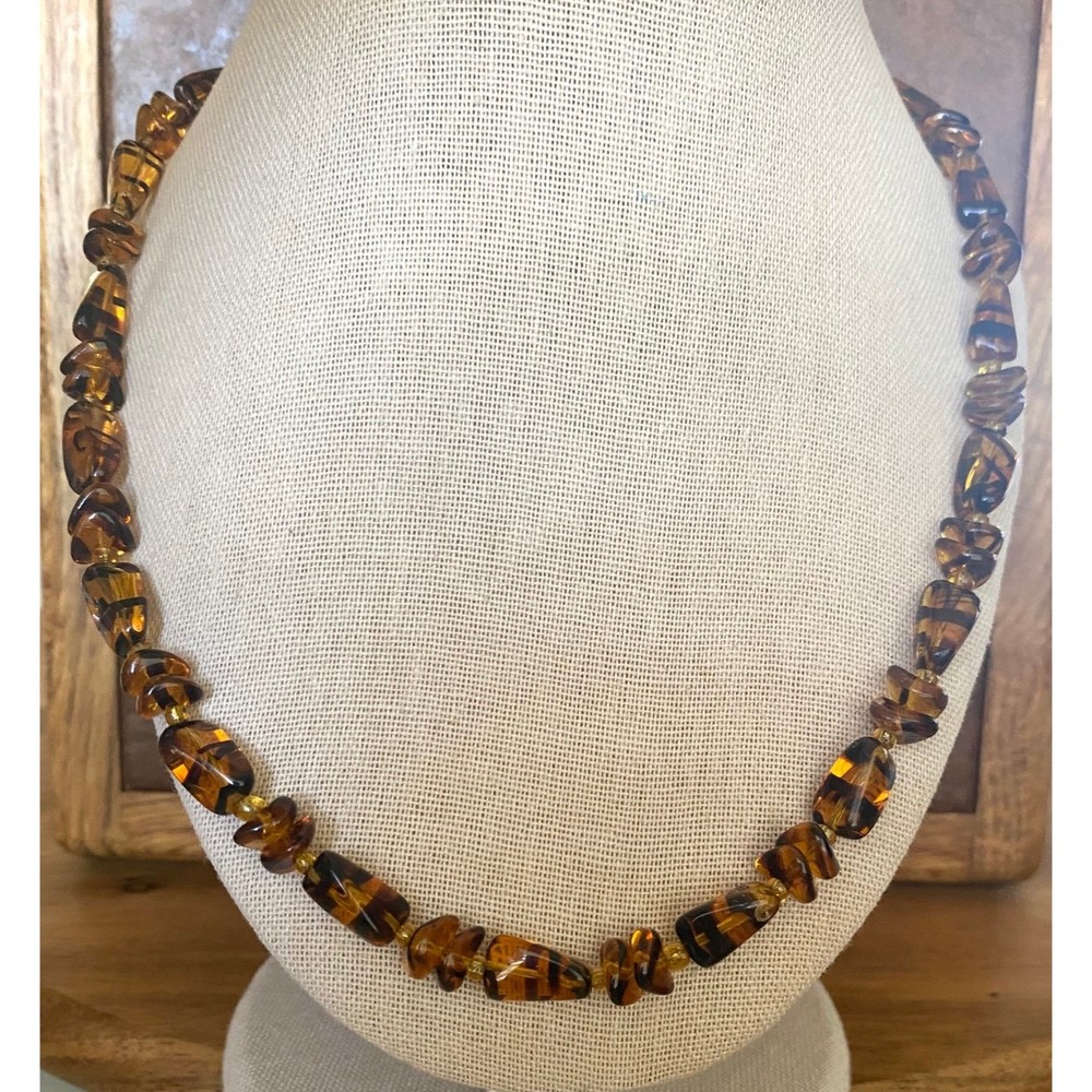 Glass Brown Black Stripe Faux Tigers Eye Beaded Necklace 10”